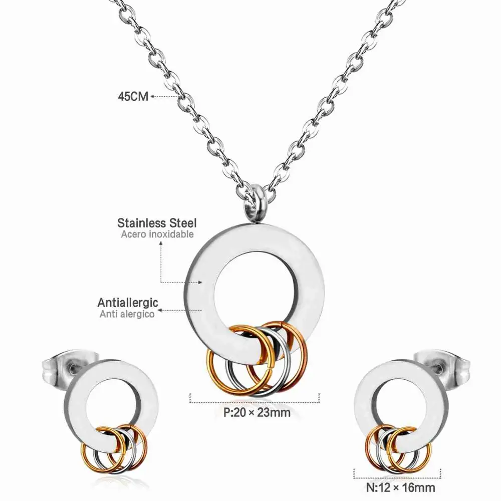 Top Selling Women Necklace & Earring Jewelry Set Gold Stainless Steel Round Circle Jewelry Accessories Set
