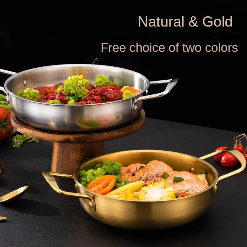 Commercial Double-Ear Fry Pan Metal Natural Color Cooking Hot Pot With Handle Kitchen Stainless Steel Dry Korean