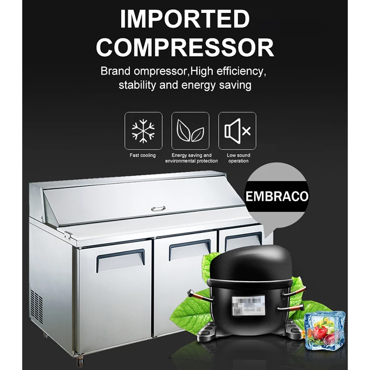 Commercial 2 doors stainless steel exterior salad pizza preparation table fits pans display refrigerator chiller restaurant