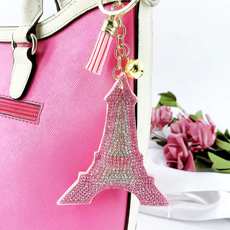 Creative Korean Velvet Rhinestone Paris Paris Eiffel Tower Keychain Pendant Bag Tassel Car Charm