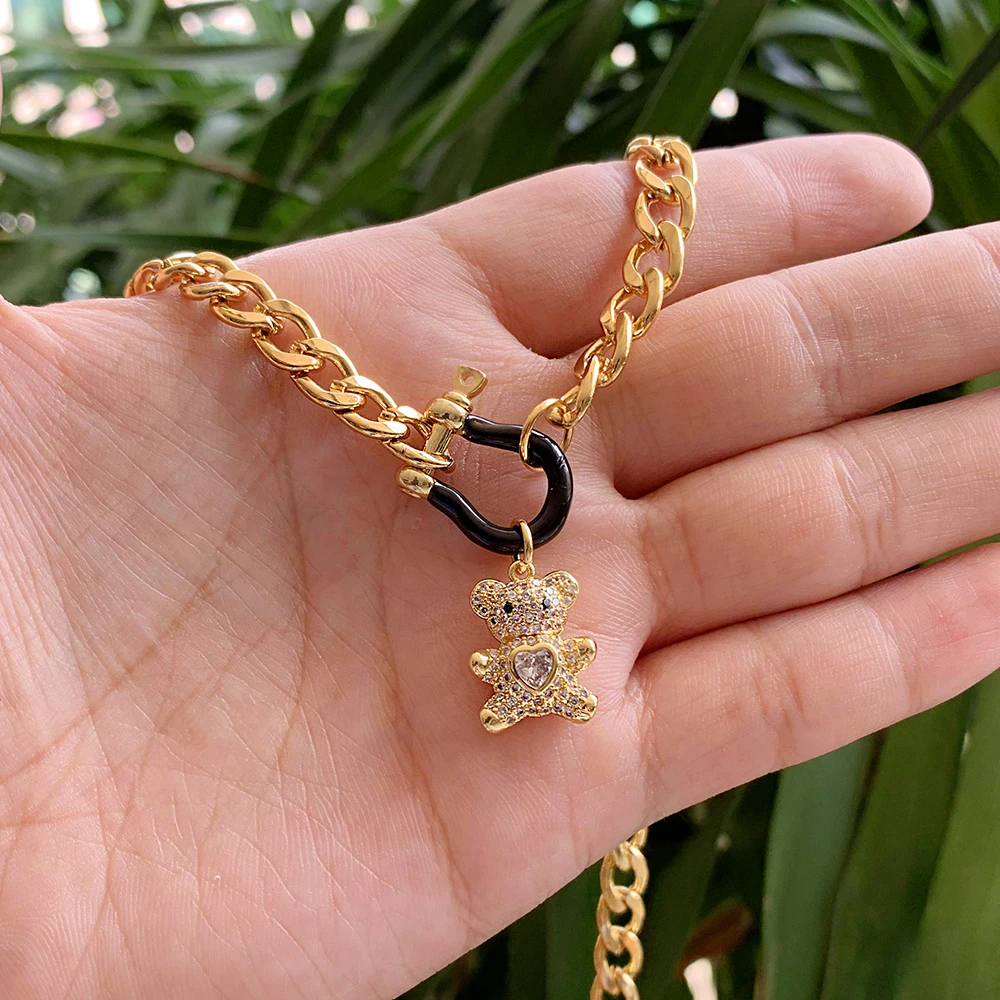 Luxury Gold Plated Zircon Mini Bear Pendant Cuban Chain Colorful Enamel U-Connector Necklace Cute for Women Jewelry Wholesale