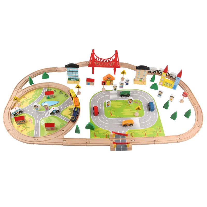 Hot Selling 82 Pieces Wooden Train Track Set For Kids,Wooden Urban Rail Transit Educational Game Toys