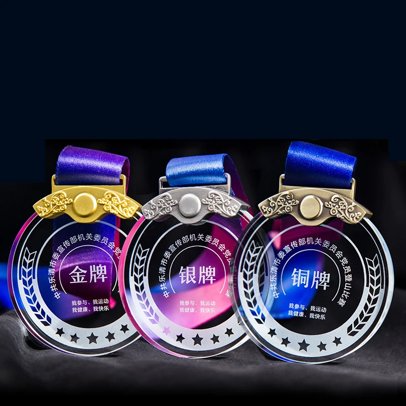 Custom blank round competitions Medals Glass trophy award plaque personalized sport Gold silver bronze Crystal Medal with ribbon