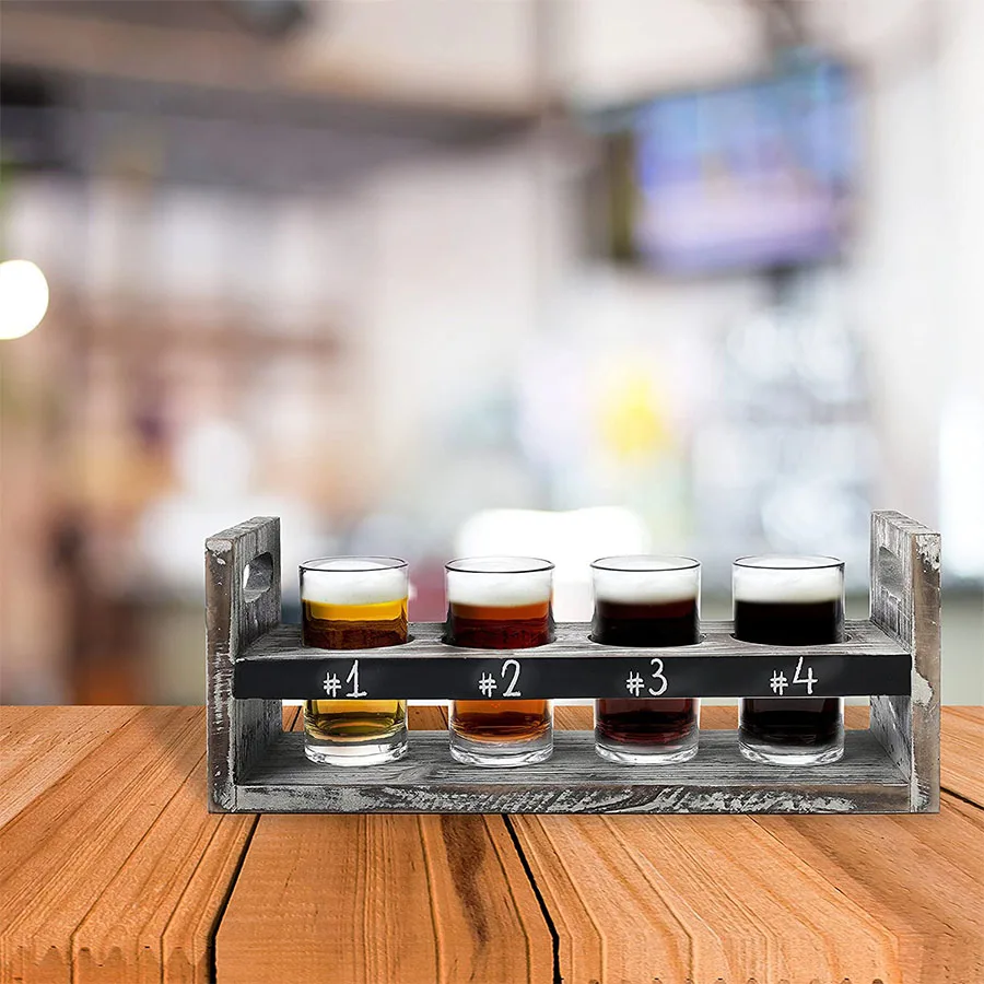 Rustic Torched Wood Craft Beer Flight Tasting Serving Tray With 4 Glasses And Chalkboard