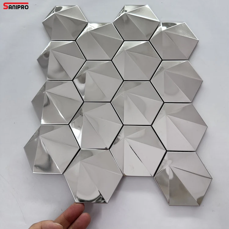 SANIPRO 3D Polish Surface Wall Decorative Tiles KTV Club Bar Entrance Personality Hexagon Mirror Stainless Steel Metal Mosaic