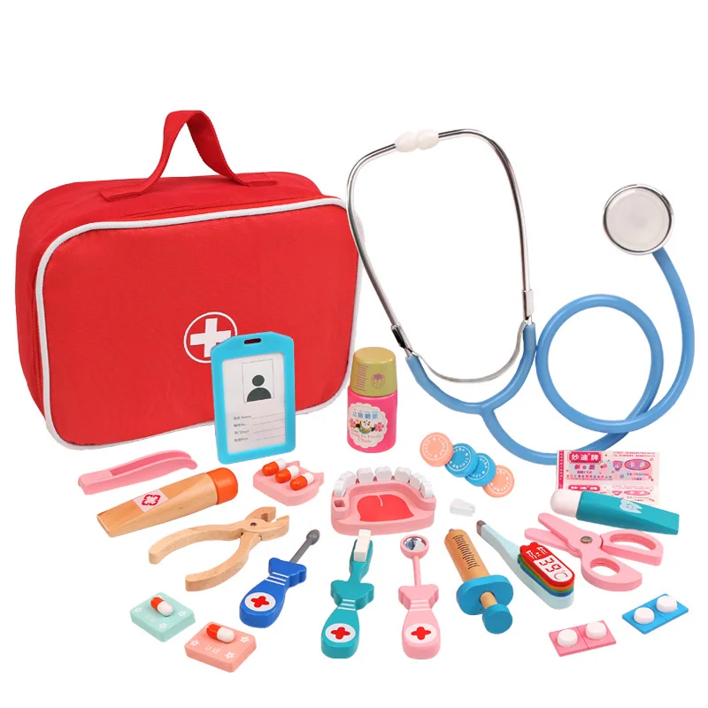 Wooden Simulation Hospital Doctor Pretend Play Game Medical Bag Doctor Toys Kit For Kids 2 To 4 Years 5 To 7 Years Unisex
