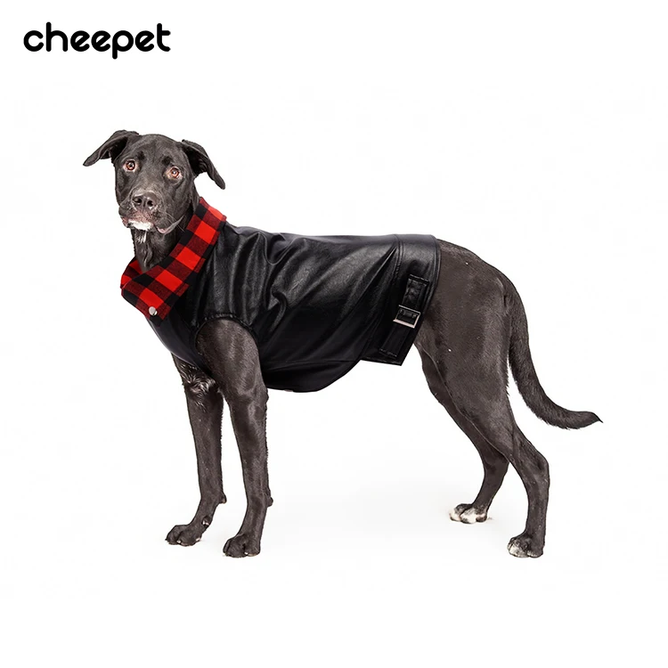 Cool pet apparel winter dog clothes waterproof dog leather jacket with plaid neckline