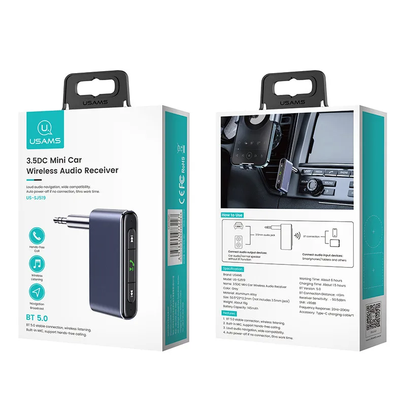USAMS SJ519 3.5DC Mini Car Bluetooth Wireless Audio Music Receiver Stereo Handsfree Calls Connection FM Transmitters