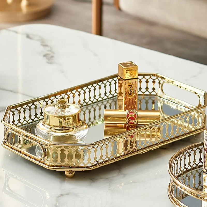 
Glass Desktop Mirror Trays Decoration Gold Metal Mirror Living Room Coffee Table Storage Tray 