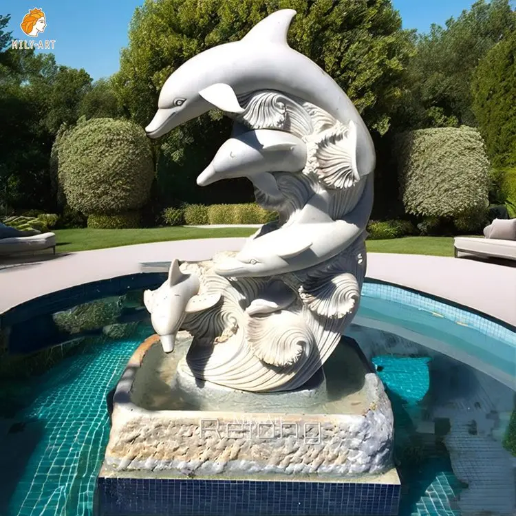 Hot Sale Custom Design White Marble Carving Dolphin Statues Sculpture  for Swimming Pool