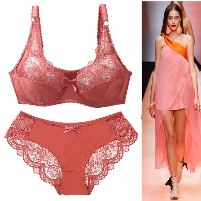 Women's transparent big size bra & brief sets plus size sexy sheer lace bra panty set BCDE cup underwear set