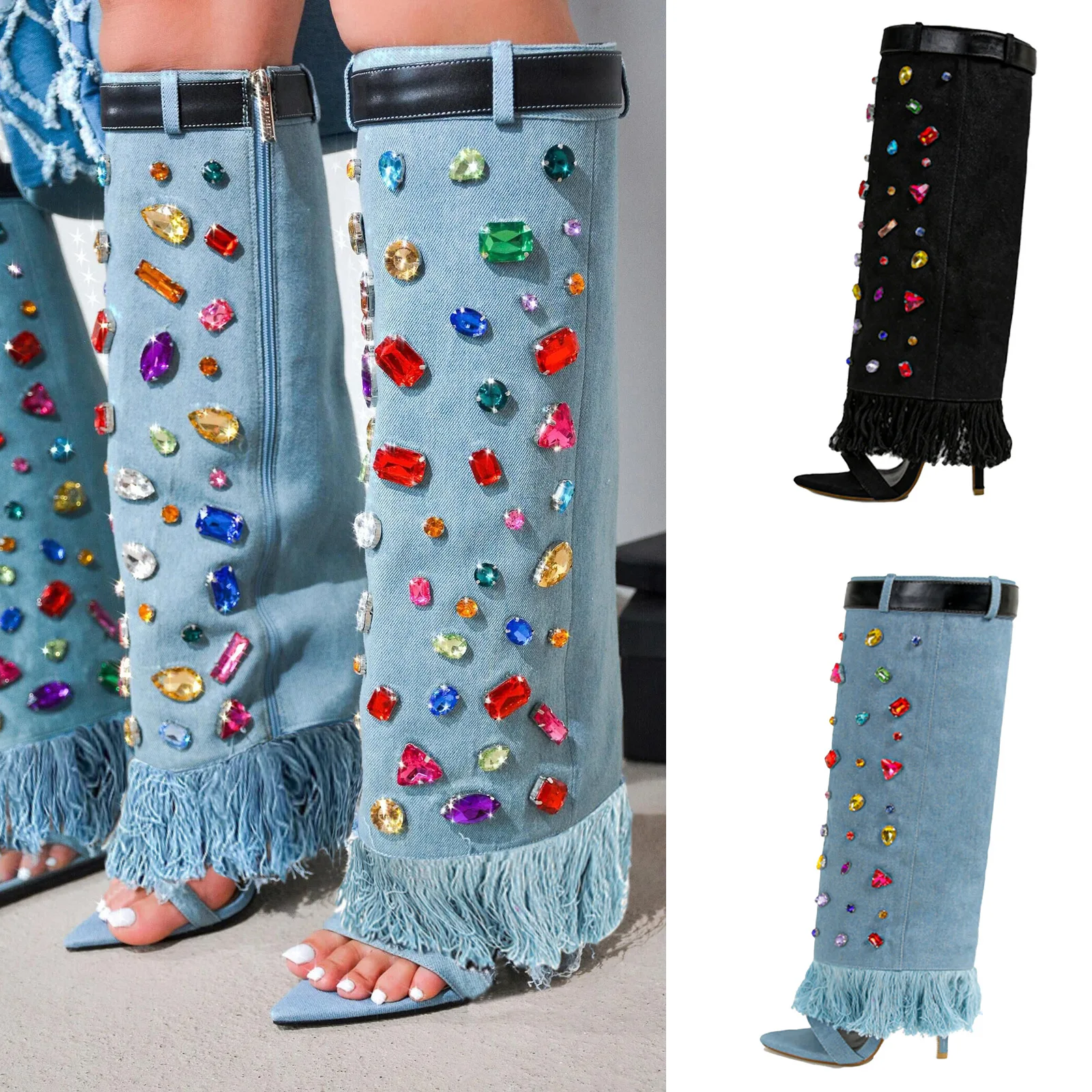 PDEP 2023 autumn and winter 11cm high heels boots blue jeans denim boots rhinestone beading open toe boots women shoes knee-high