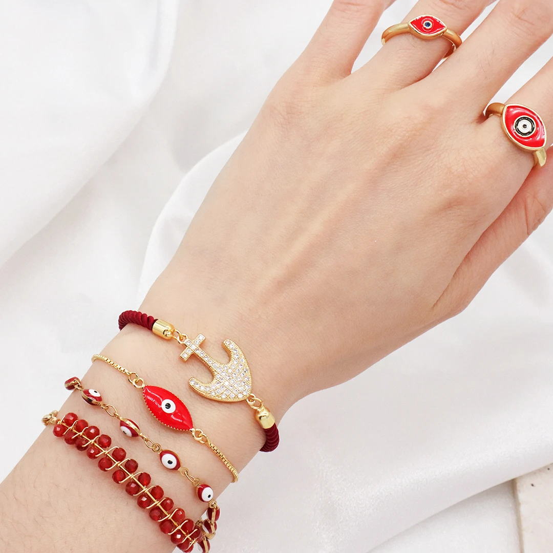 Factory Red Open Enamel Evil Eyes Ring Ajustable Rope Custom CZ Gold Plated anchor Charm Bracelet jewelry set for Women Gift