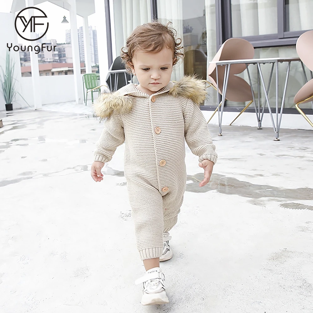 Unisex Baby Rompers Spring Autumn Knitwear Toddler Clothes Raccoon Fur Trim Hooded Newborn Baby Rompers Winter