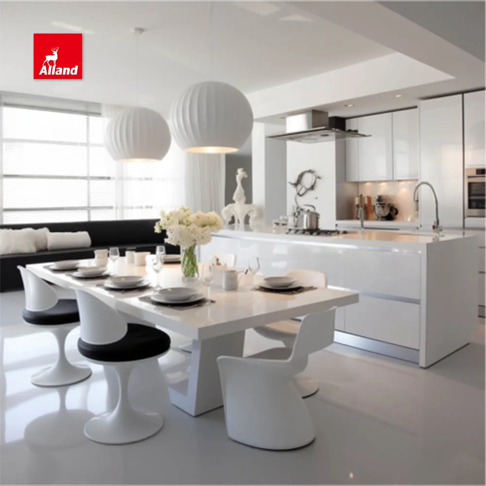 China Good Price Modern Flat Style White High Gloss Matte Lacquer MDF Plywood Handleless Kitchen Cabinet with Countertop Island