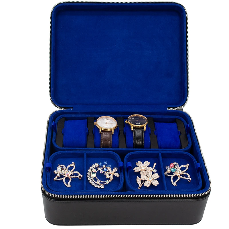 Dongguan Black Genuine Leather Jewelry Organizer Box Multifunctional Jewelry Suitcase With Removeable Tray