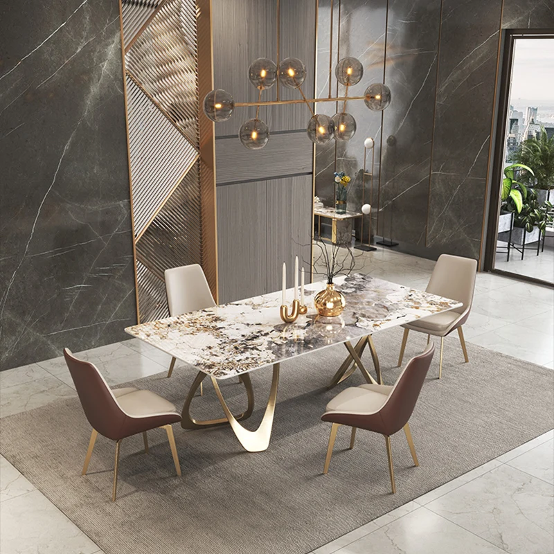 Luxury Modern Design Slab Plate Table Ready Stock Home Family Dinner Table Gold Frame White Slate Top Dining Tables
