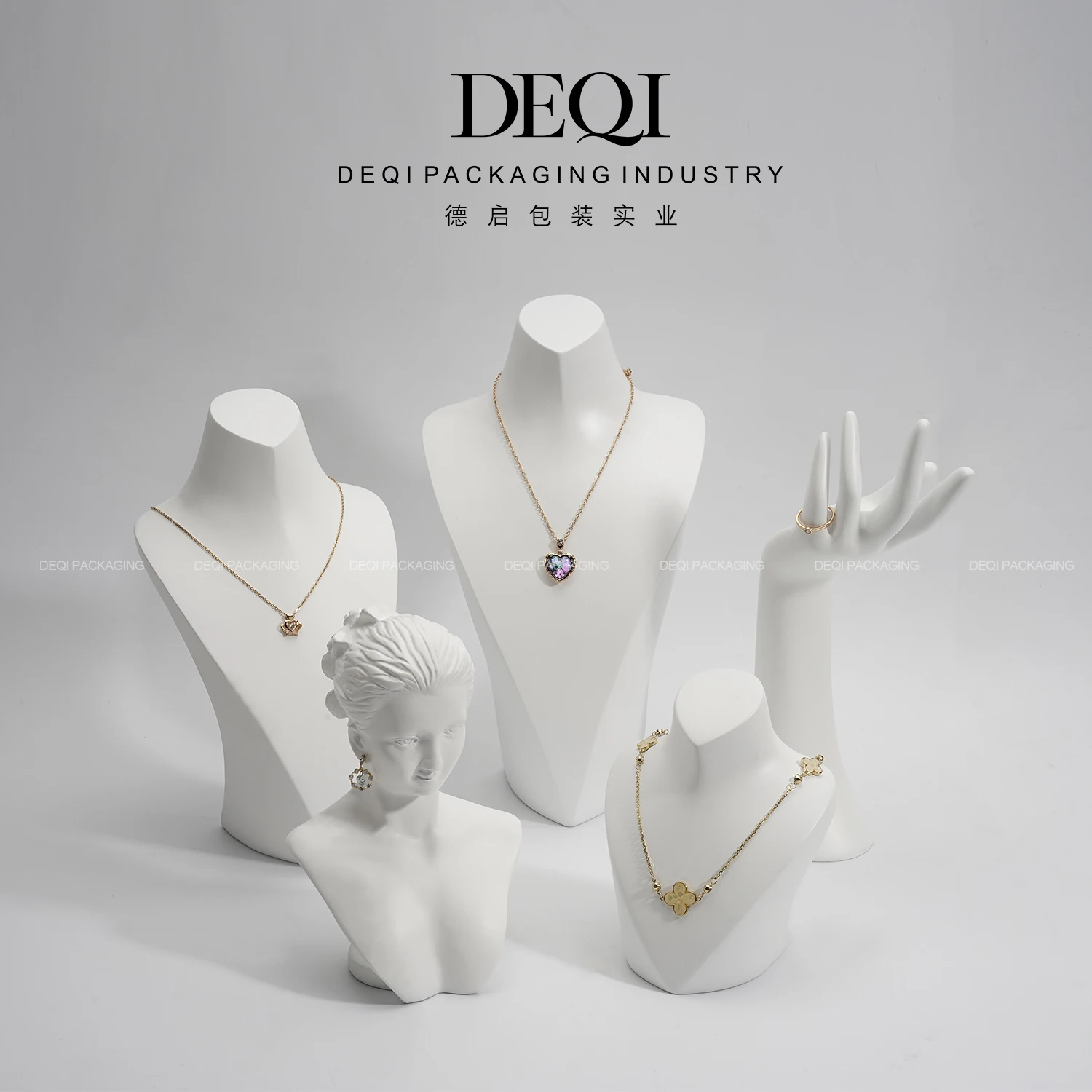White jewelry display stand and bust packaging sets for customized portrait luxury modern logo showcase necklace ring earring