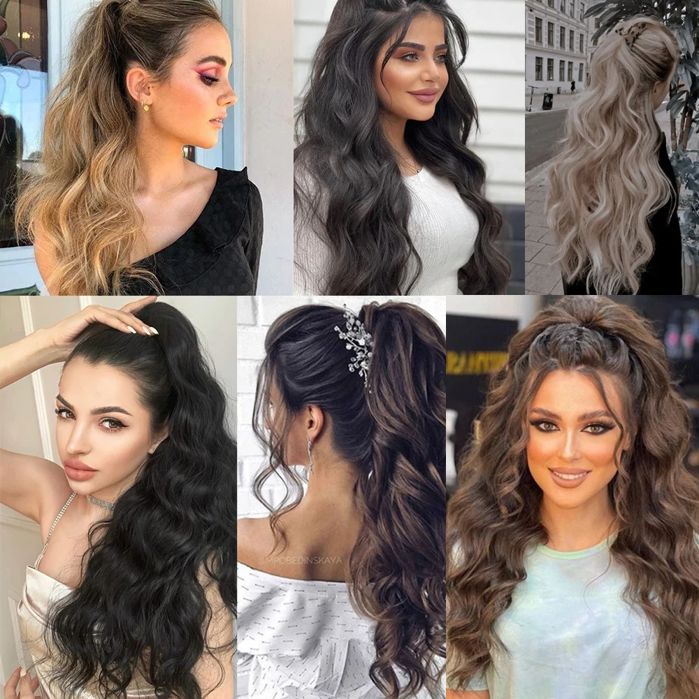 AliLeader 22inch Natural Layered Claw Clip on Long Wavy Pony Tail Synthetic Hair Extensions Clip in Body Wave Ponytail with Claw