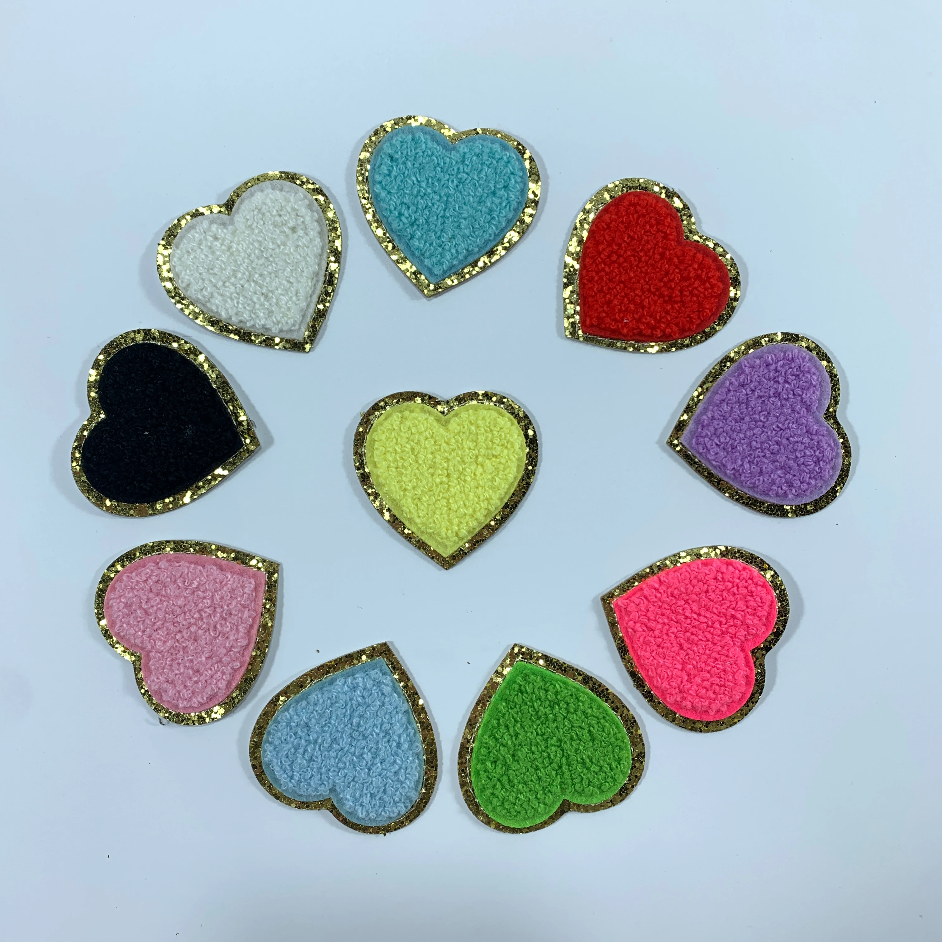 Colorful glitter gold rim Chenille Iron on Patches Embroidered patch rainbow bowknot heart sticker for cosmetic bags Applique
