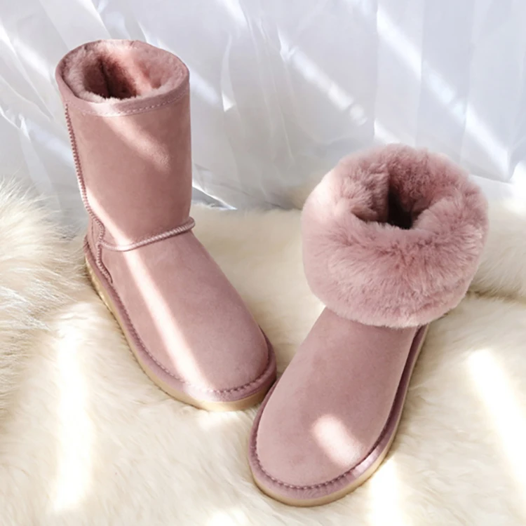 Fashion Popular Soft Warm Mid Calf Genuine Fur Indoor Flat Ladies Sheepskin Snow Winter Boots