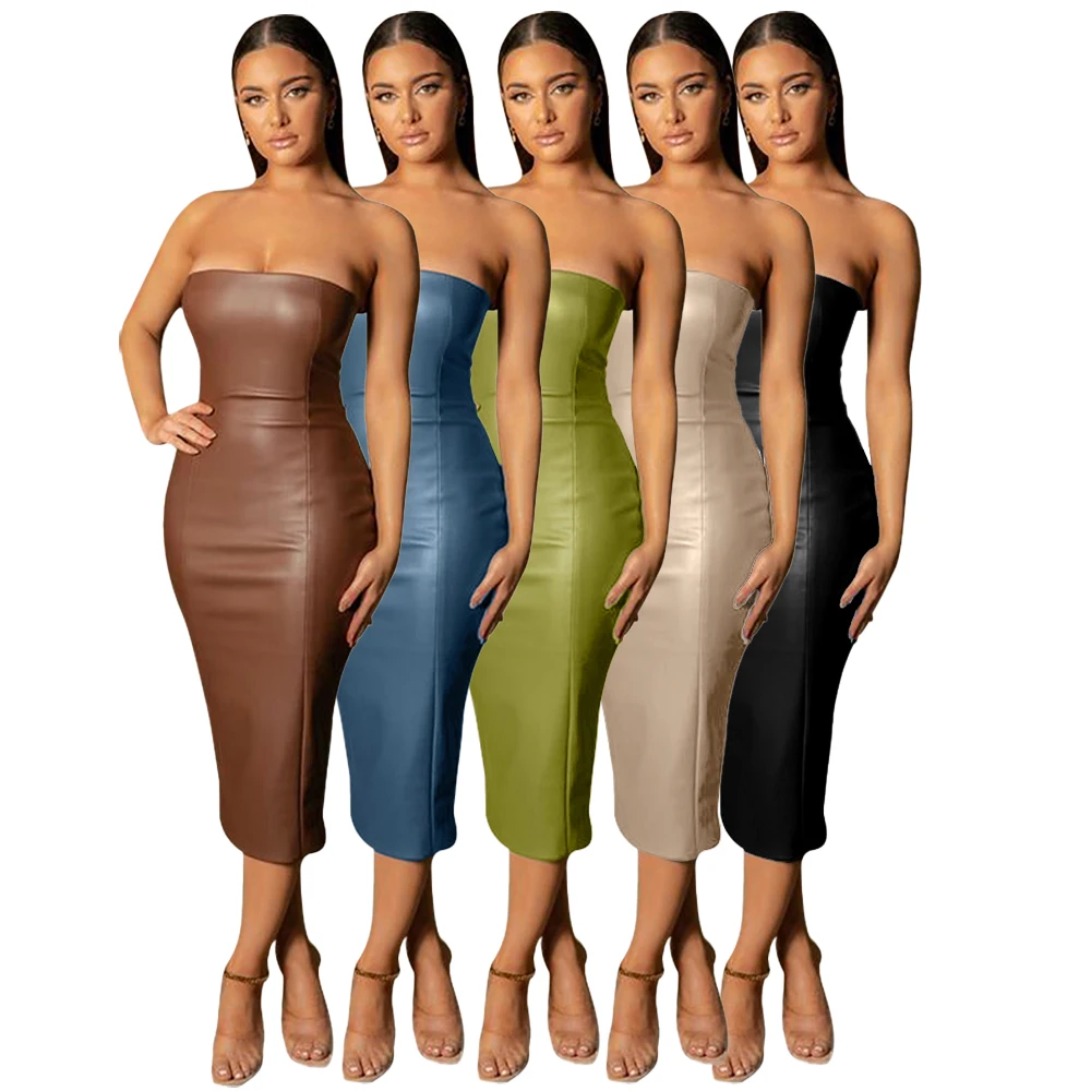 9437 PU Party One Piece Leather Dresses Women Sexy Strapless Split Bodycon Vestidos Lady High Street Zipper Robe Clothes