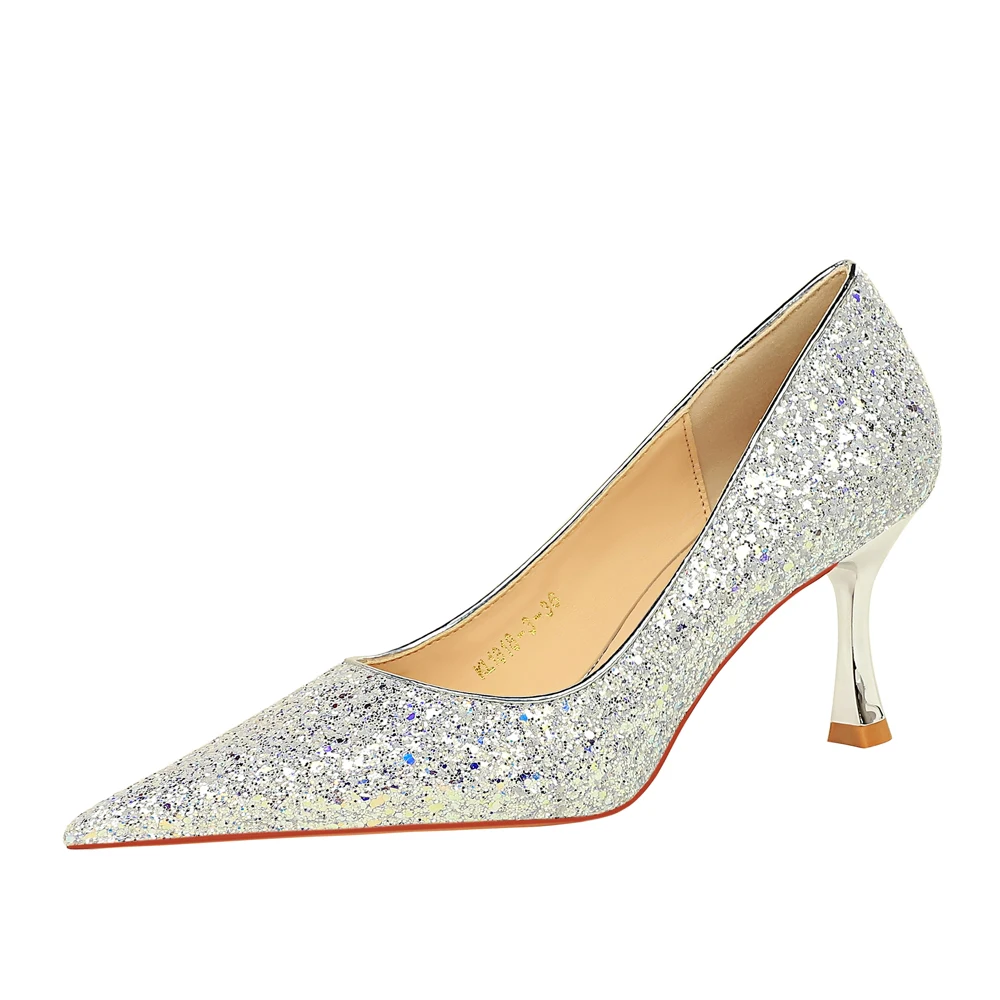 1818-3  BIGTREE Korean Fashion Banquet High Heel Shoes Metal Heel High Heel Shallow Mouth Pointed Shining Sequin Fabric Single S