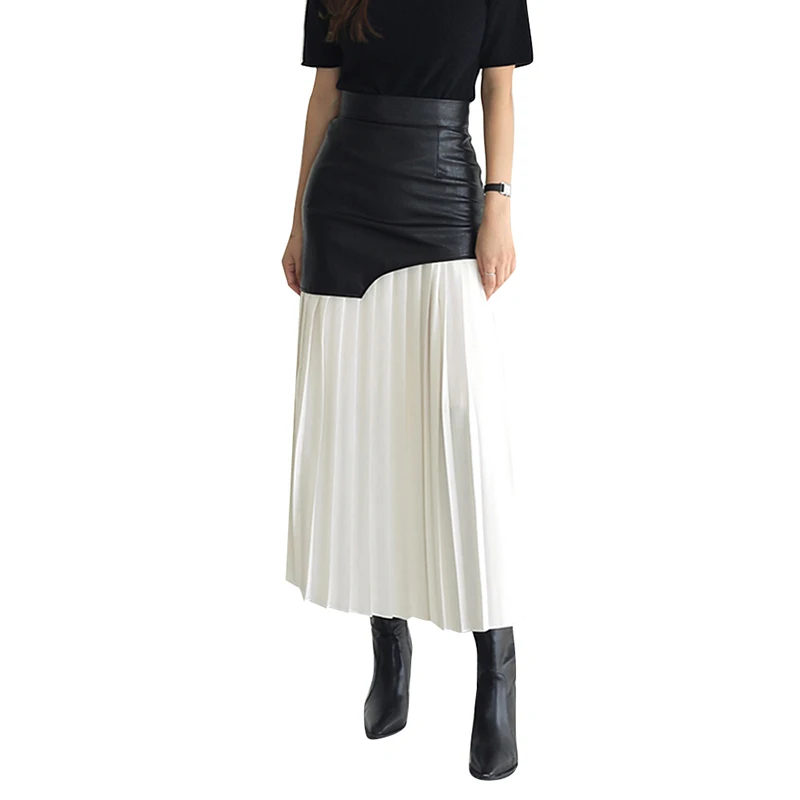 CHICEVER Womens Skirts Casual Korean Pleated Hit Color Patchwork Leather Skirt 2022 Fall New