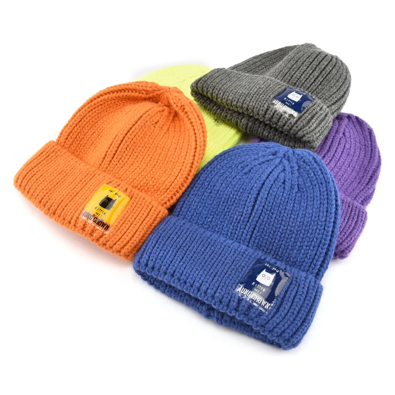 Custom Solid Color Knit Cuffed Plain Beanie Cap,Private Woven Label Logo Beanies,Skull Hats Warm Kids Knitted Winter Hat