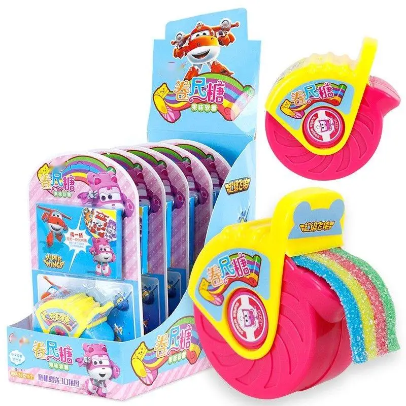 China Gummies supplier wholesale custom plastic Toy with soft candy fruits Sour belt candy roll tape Sour gummy candy toys