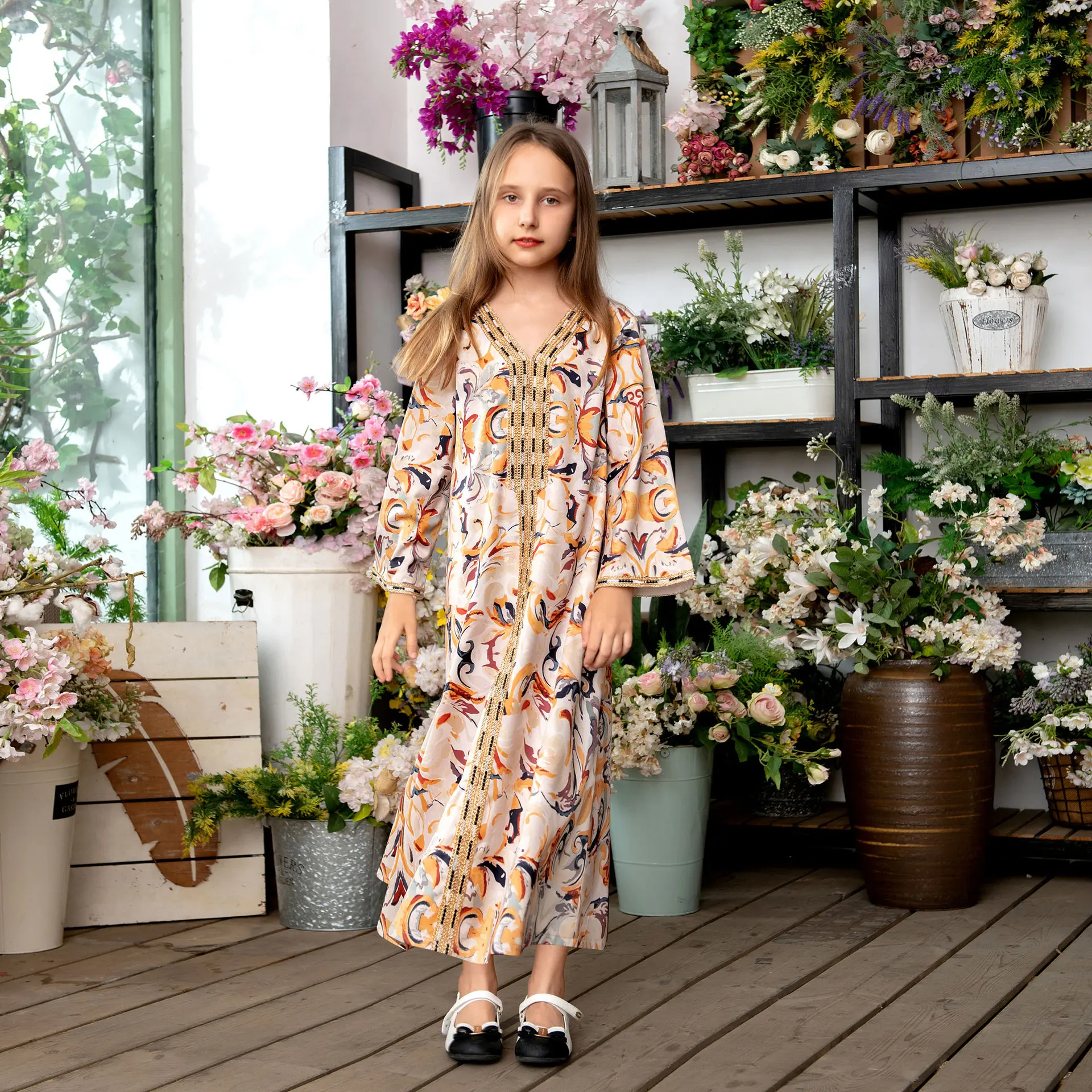 2121 kuwii Autumn and winter spot printed robe parent-child girl muslim kids clothing kids abaya muslim dresses