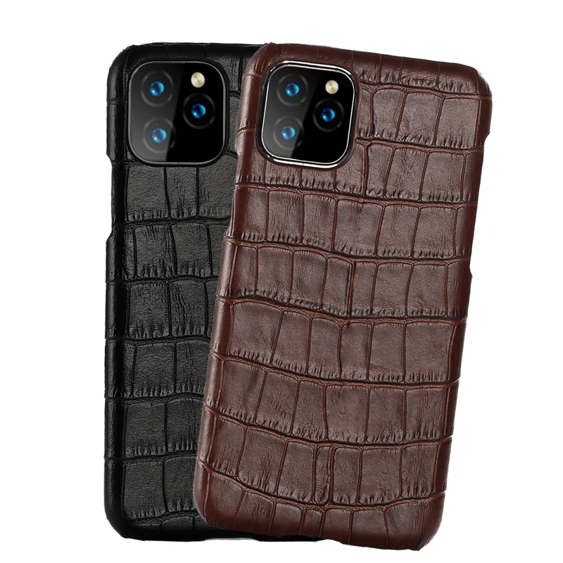 Luxury for apple iphone 11 12 pro max hard pc back case black cowhide crocodile pattern real leather protective phone cover case