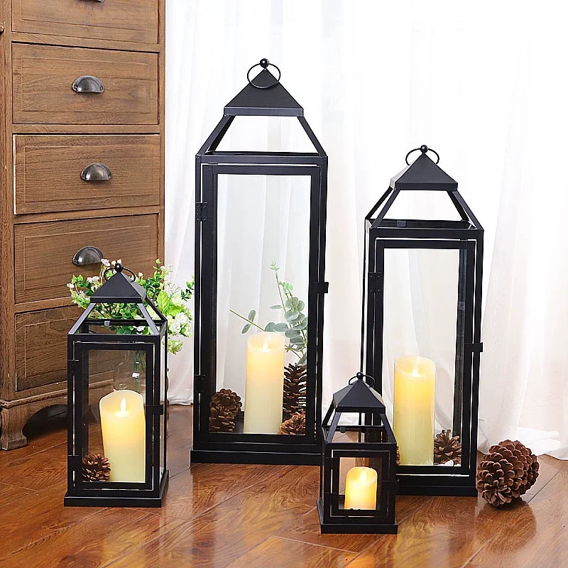 Beeman Black Iron Framed Metal Candle Holder Glass Panels Metal Lantern Candle Lantern For Home Wedding Decoration