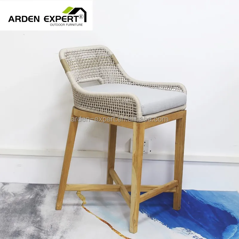 Rope Bar Stool Teak Wood Barstools Teak Chairs Outdoor Hotel Woven Counter High Stools Island Beach Solid Wood High Chairs Rope