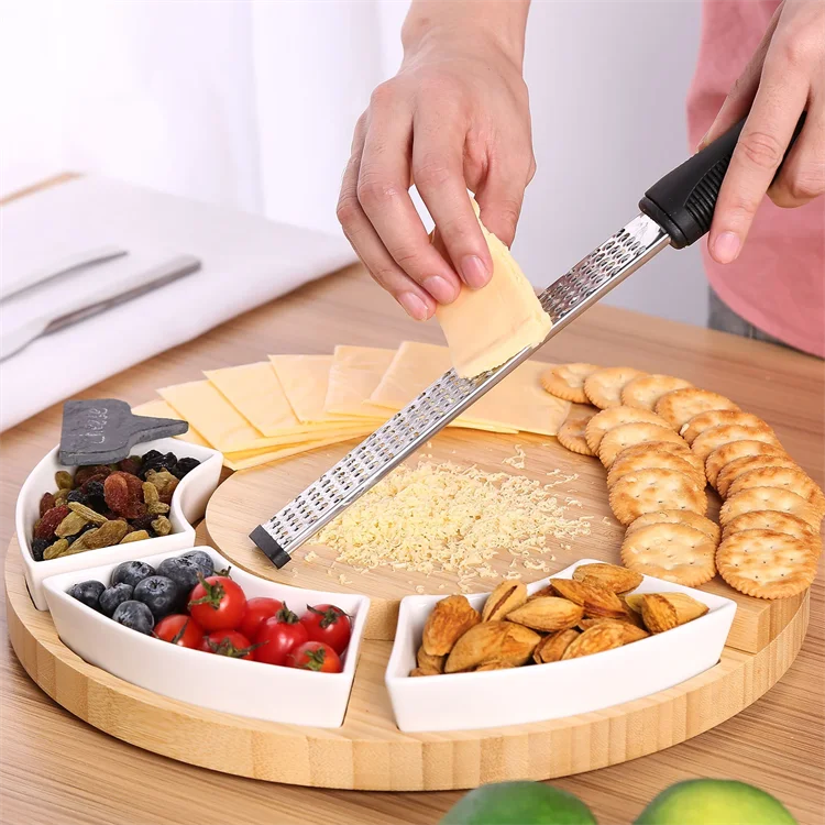 Rotatable Round bamboo Cheese Cutting Board set with knives Ceramic Plate