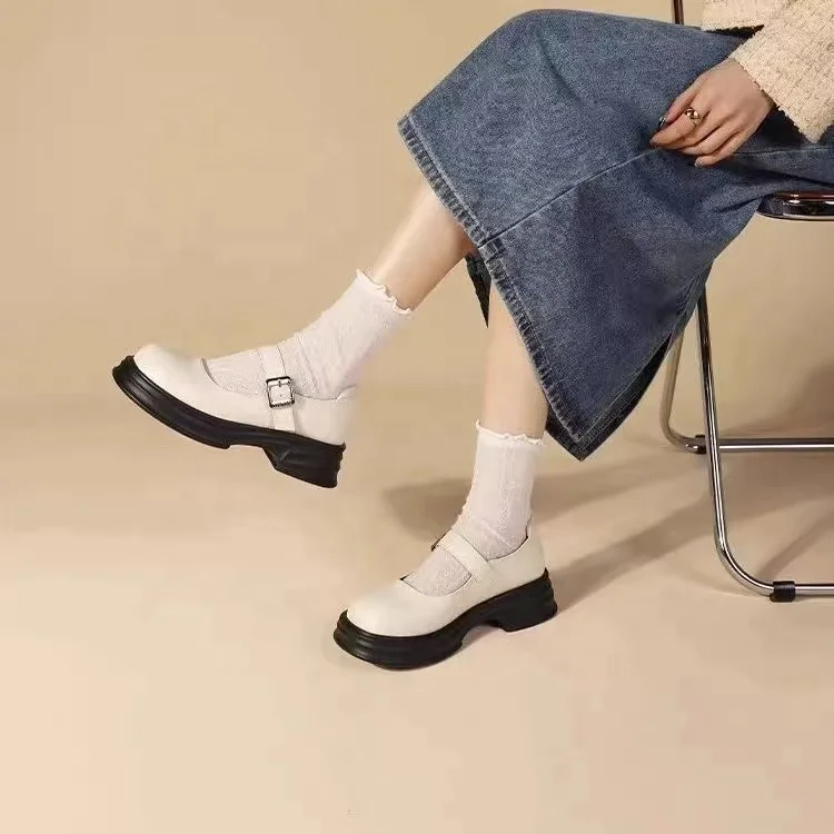 Round Head with Skirt Small Leather Shoes Female Shallow Mouth Burst French Mary Jane Single Thick Bottom
