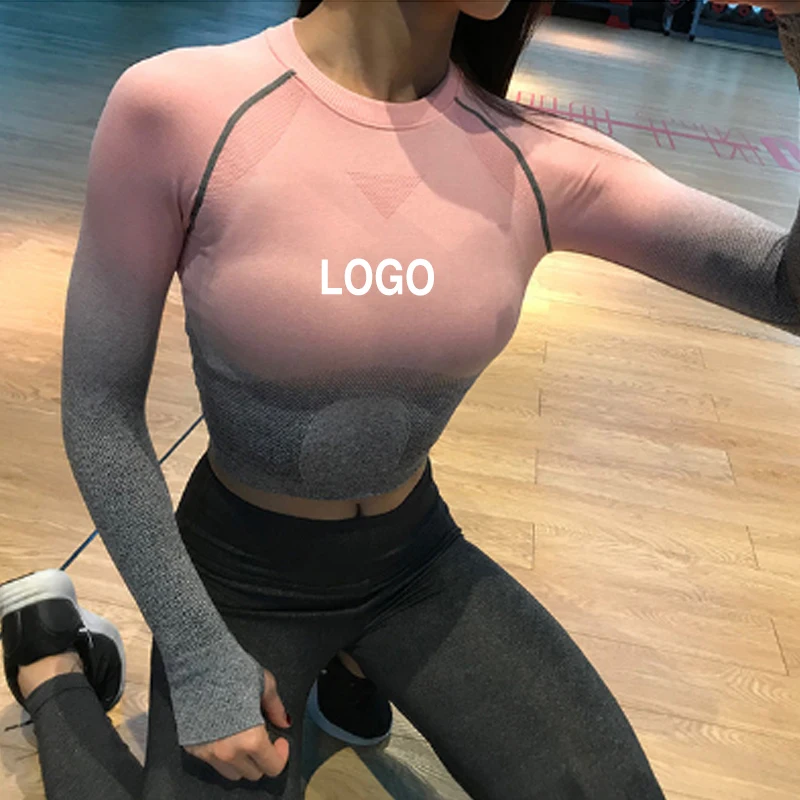 Custom fitness suit tights quick drying sports long sleeves women sexy yoga set crop top gym
