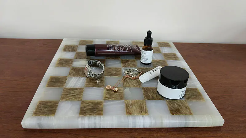 stonekocc Luxury Natural Onyx Game Board Mosaic Checkerboard Grid Tray Designer Room Home Storage Decorative Trays