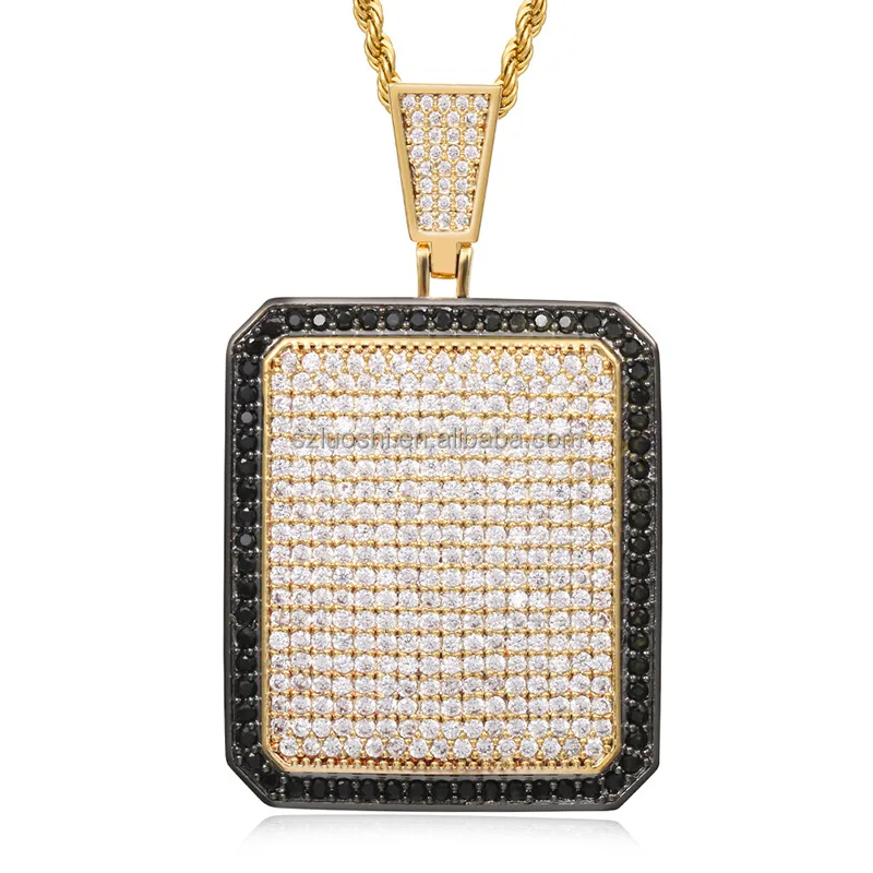 2024 Trendy Hip Hop Jewelry Micro Iced Out Cubic Zirconia Rope Chain Gold Plated Diamond Square Dog Tap Pendant Necklace