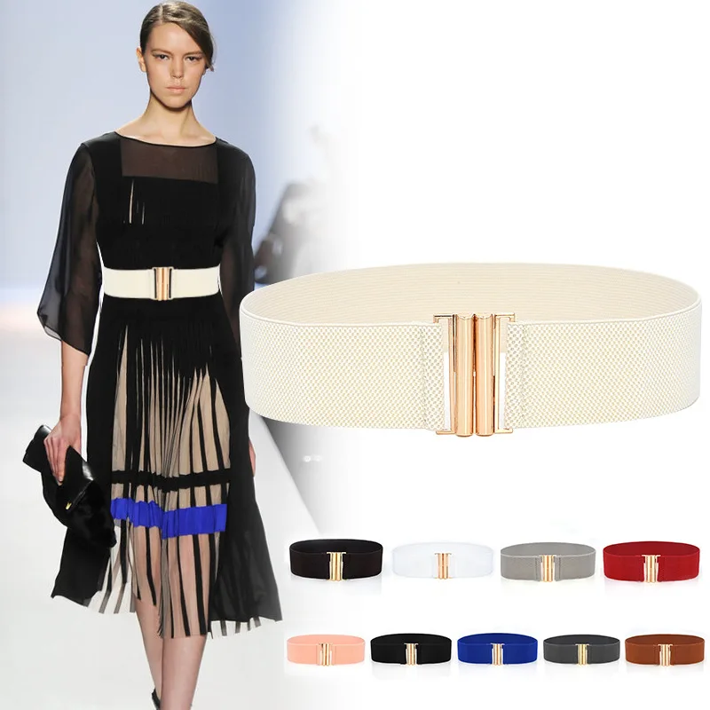AMAZON hotsale  Matching Dress Fashion Wide Waist Seal Elastic Stretch Belt Wild Women Gold Buckle Wide Belt