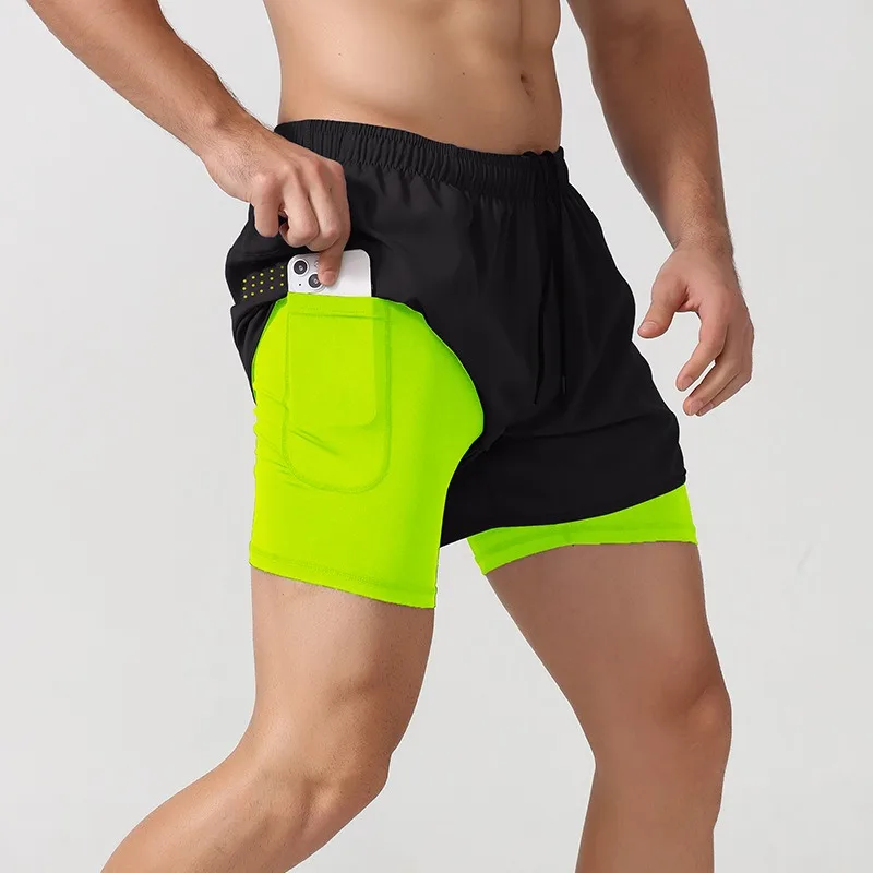 Custom Logo Double Layer Lined Quick Dry Training Active Shorts Casual Built in Gym Sport Fitness Running Short Summer Men 50 Cs