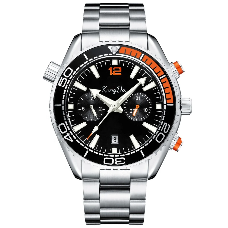 Multifunctional dial with date at 6 position stainless steel 316L orange index Luminous luxury watches