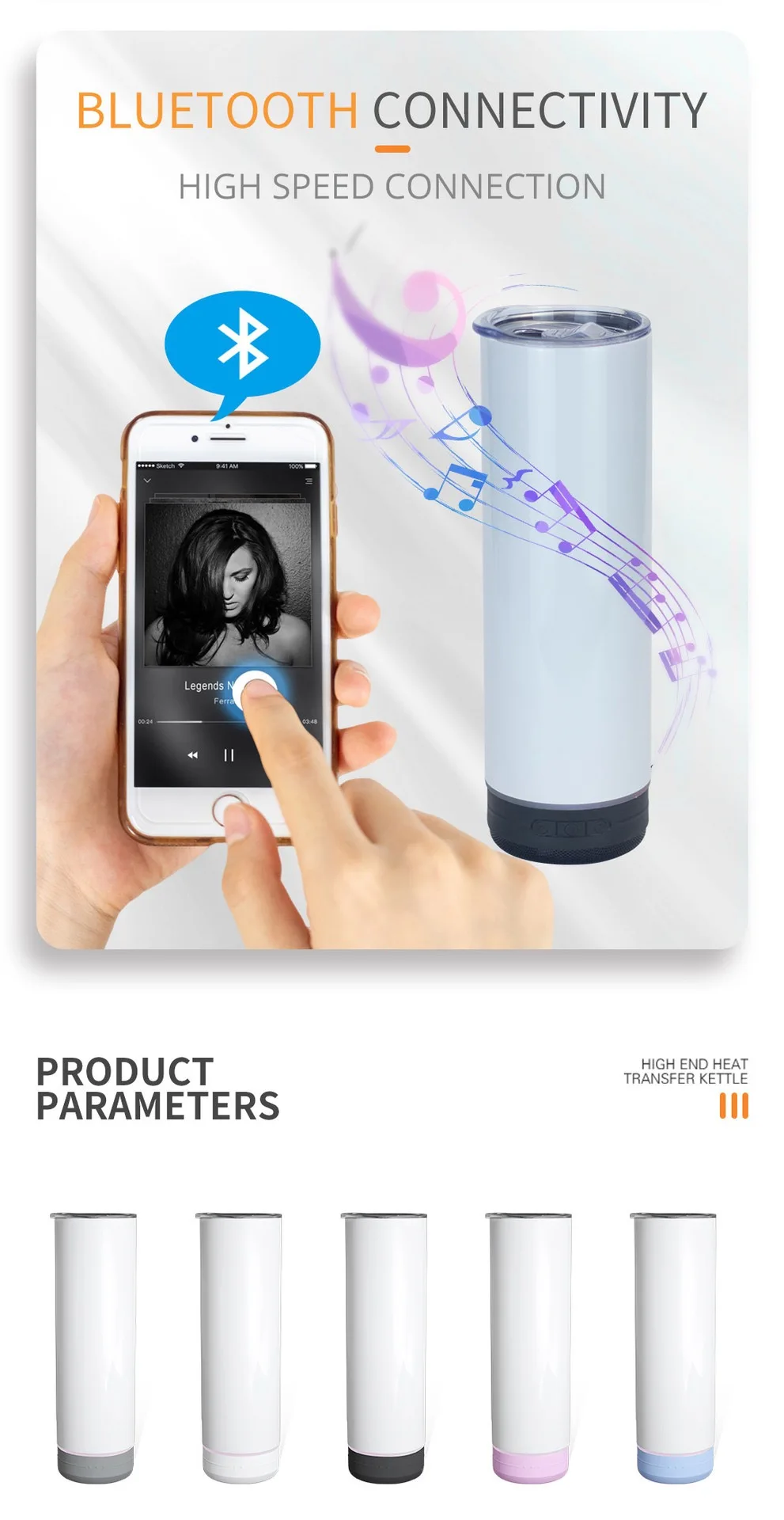 Smart 20oz Bluetooth Music Tumbler Sublimation Wireless USB Charge Straight Thermos Speaker Direct Drinking Adults Office Use