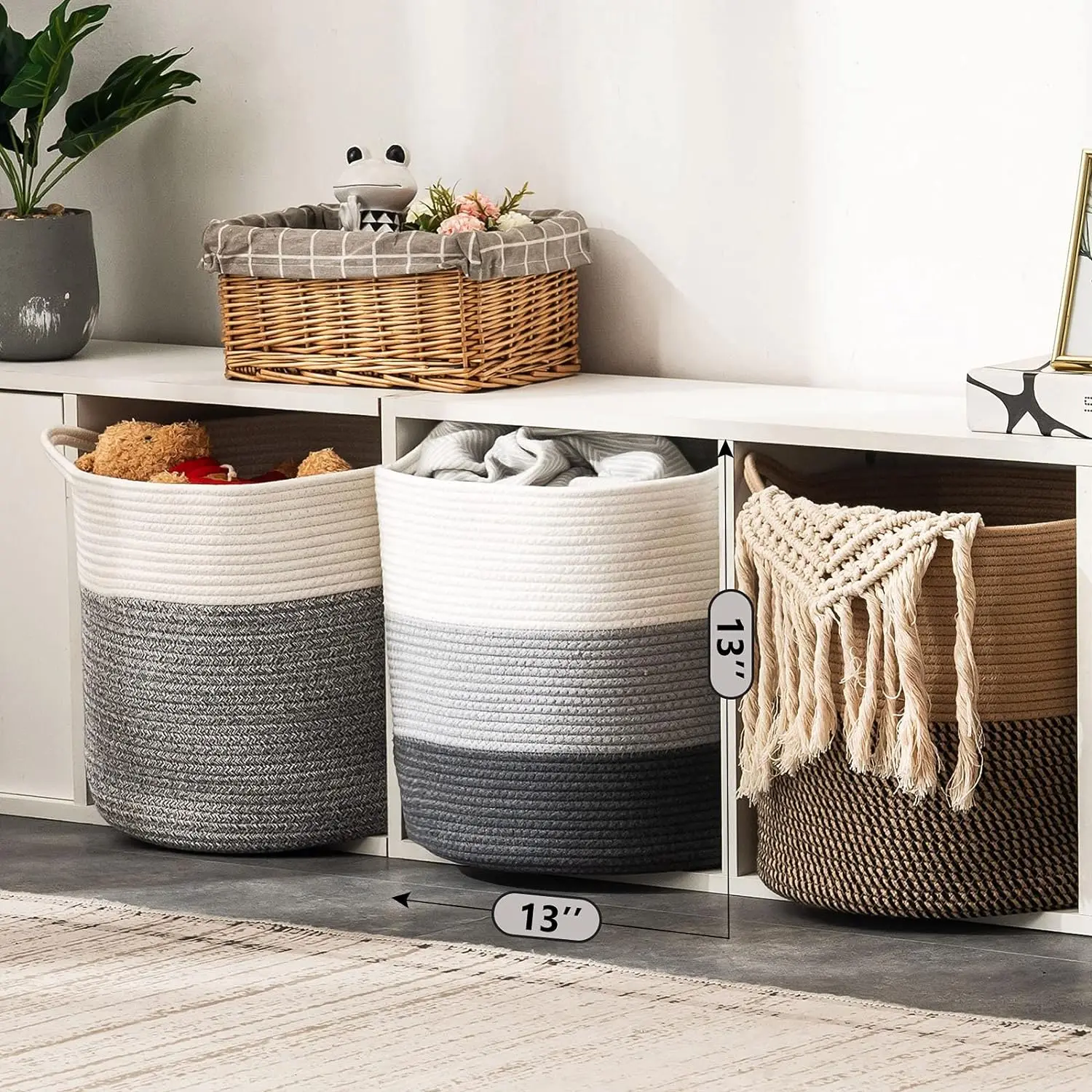 Top Sale 2 Pack Large Woven Rope Laundry Basket with Handle, Cotton Rope 13x13x13 Storage Baskets, 2 Pack Storage Basket