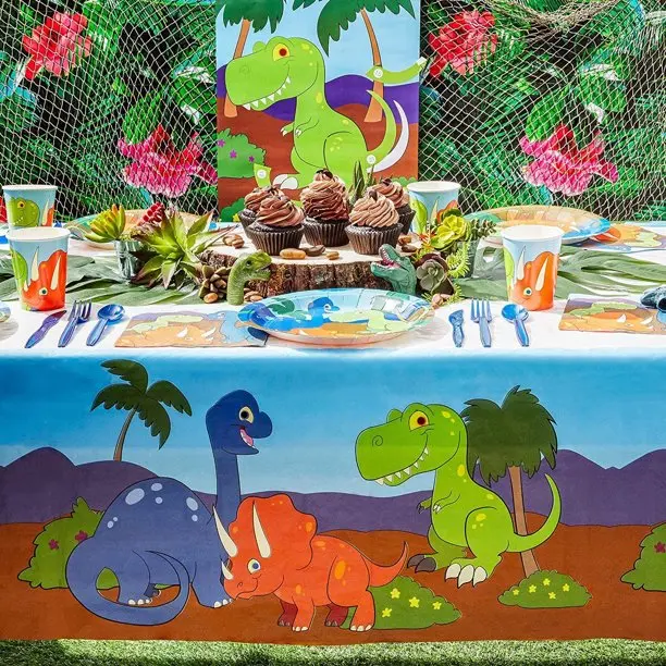 Dinosaur Cartoon Plastic Tablecloth Dino Party 54 x 108 inch Table Cover Fits Up to 8-Foot Long Tables Dinosaur Birthday Party