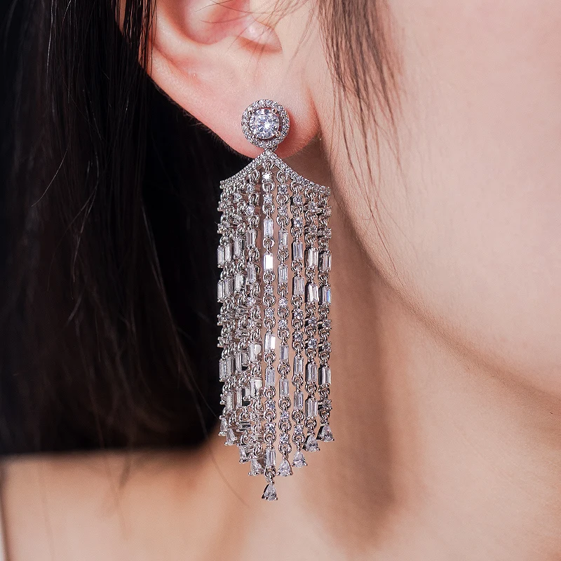 custom 925 silver zircon drop earrings diamond baguette cz large luxury color cubic zirconia silver earring for women jewelry