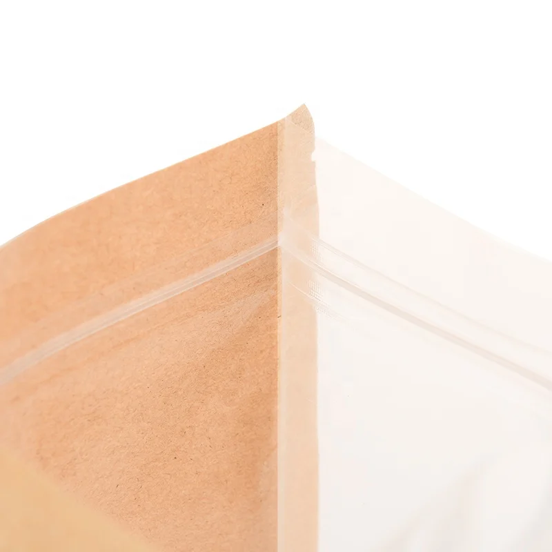 Hot selling PE self-sealing front transparent stand up pouch zipper plastic yin and yang kraft paper bag