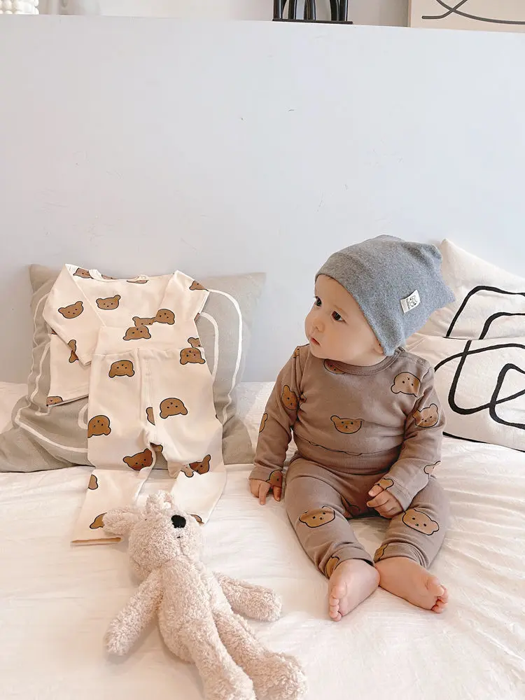 Organic Bamboo Toddler Pajamas Children Pajamas 2PCS Set Sustainable Cartoon Bear Printing Long Sleeve Baby Boy Girl Sleepwear