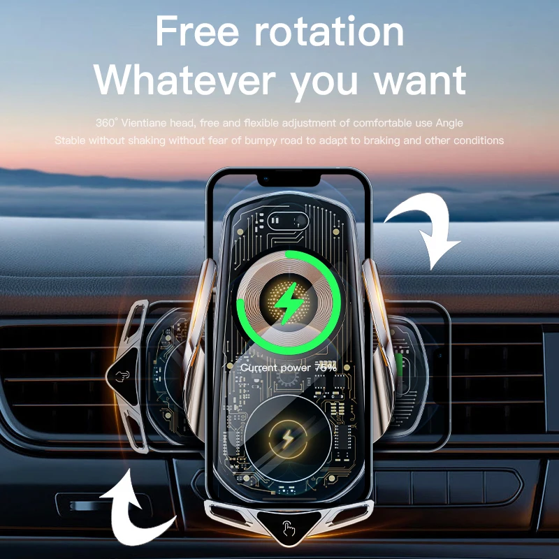 Fashion Punk Style Car Mount Smart Induction 15w Fast Wireless Charging Car Phone Charger Car Navigation Phone Holder