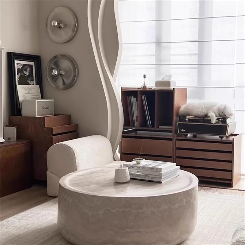 HZX Minimalist Style Wabi-Sabi round Coffee Table Artificial Stone with Household Likeness Inspired by Marble Travertine